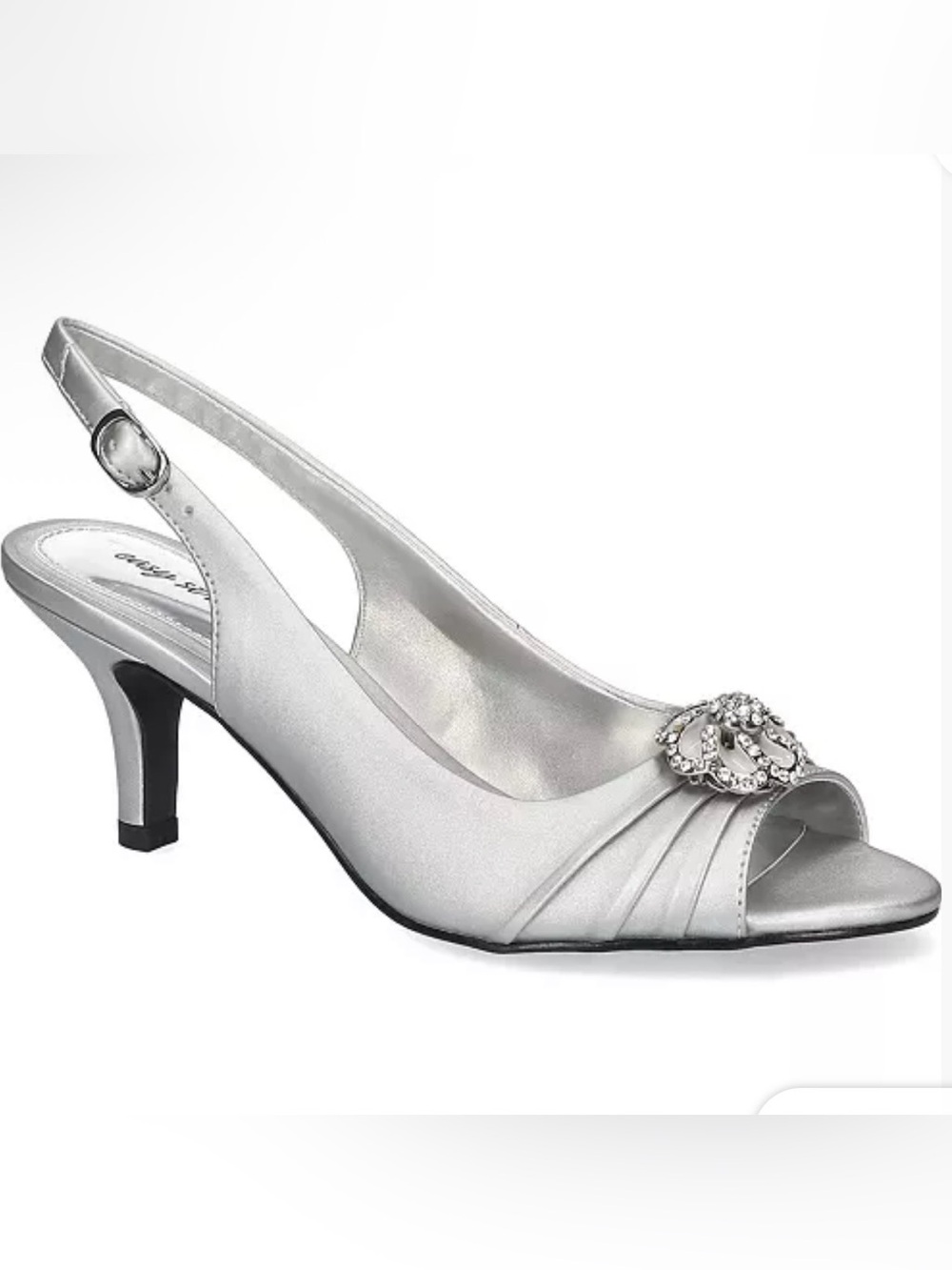 easy street Silver Slingback Peep-Toe Heels with Rhinestone Accent Sz 6.5 Narrow